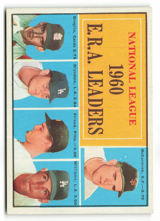 1961 Topps #045 NL ERA Leaders (McCormick/Broglio/Drysdale/Friend/Williams)