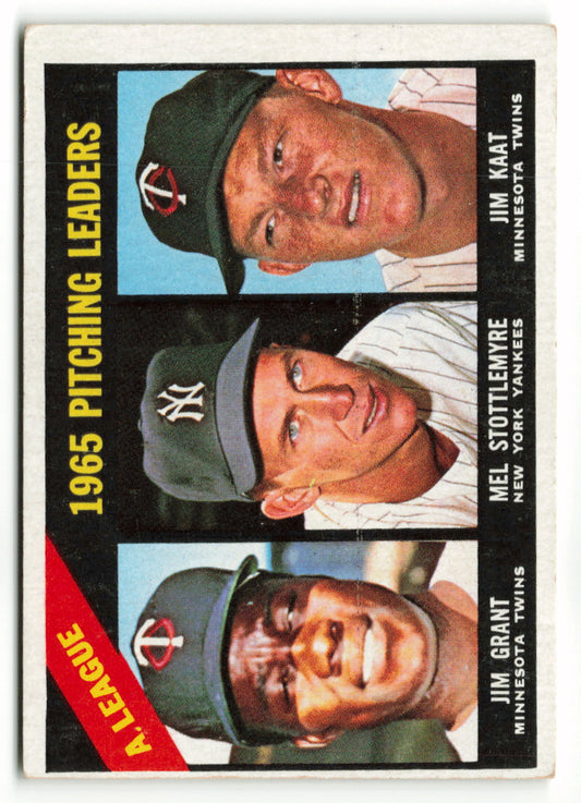 1966 Topps #224 American League 1965 Pitching Leaders (Jim Grant / Mel Stottlemyre / Jim Kaat) LL