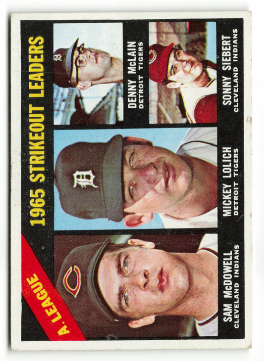 1966 Topps #226 American League 1965 Strikeout Leaders (Sam McDowell / Mickey Lolich / Denny McLain / Sonny Siebert) LL