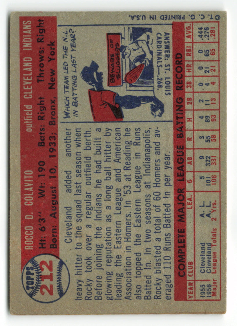 1957 Topps #212 Rocky Colavito RC