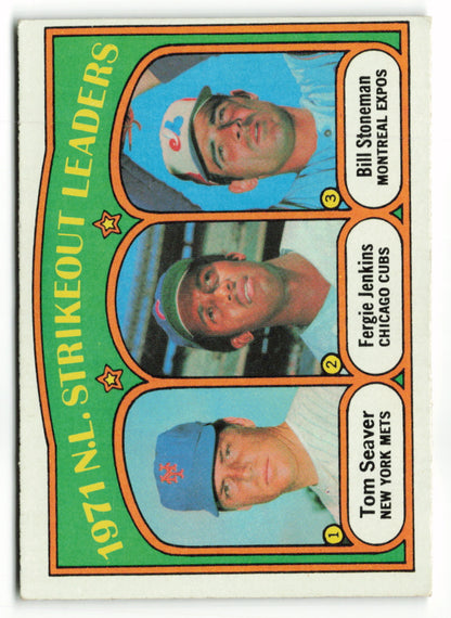 1972 Topps #095 1971 N.L. Strikeout Leaders (Tom Seaver / Fergie Jenkins / Bill Stoneman) Leaders