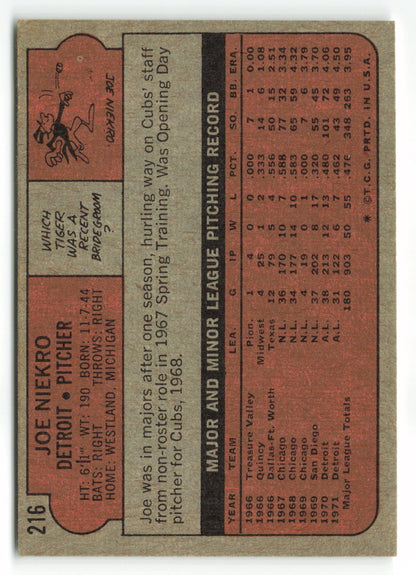 1972 Topps #216a Joe Niekro VAR: Black line between the 6 and 1 on height on the back