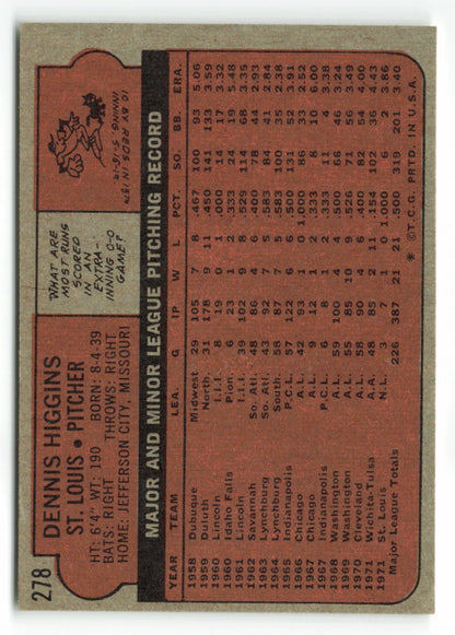 1972 Topps #278 Dennis Higgins