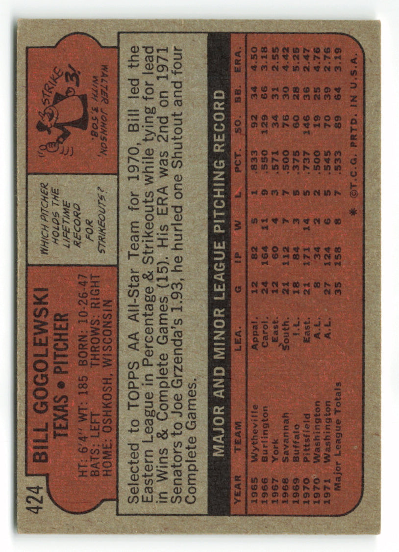 1972 Topps #424 Bill Gogolewski