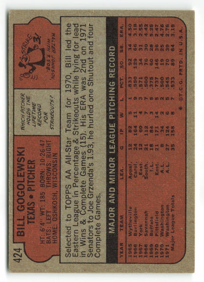 1972 Topps #424 Bill Gogolewski