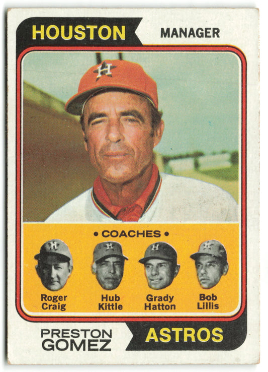 1974 Topps #031 Astros Field Leaders (Preston Gomez / Bob Lillis / Roger Craig / Hub Kittle / Grady Hatton) Coaches