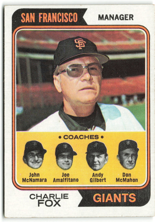 1974 Topps #078 Giants Field Leaders (Charlie Fox / John McNamara / Joe Amalfitano / Andy Gilbert / Don McMahon) Coaches