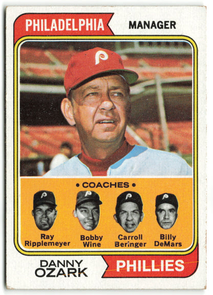 1974 Topps #119 Phillies Field Leaders (Danny Ozark / Carroll Beringer / Bobby Wine / Ray Rippelmeyer / Billy Demars) Coaches,