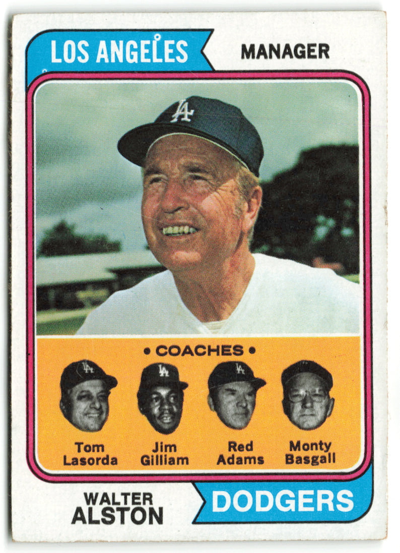 1974 Topps #144 Dodgers Field Leaders (Walter Alston / Tom Lasorda / Jim Gilliam / Red Adams / Monty Basgall) Coaches