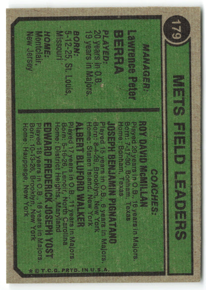 1974 Topps #179 Mets Field Leaders (Yogi Berra / Joe Pignatano / Rube Walker / Eddie Yost / Roy McMillan) Coaches,