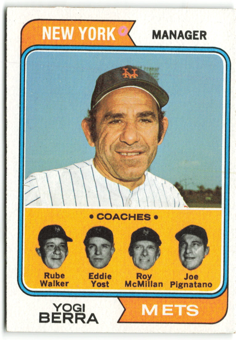 1974 Topps #179 Mets Field Leaders (Yogi Berra / Joe Pignatano / Rube Walker / Eddie Yost / Roy McMillan) Coaches,