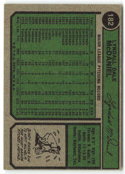 1974 Topps #182 Lindy McDaniel