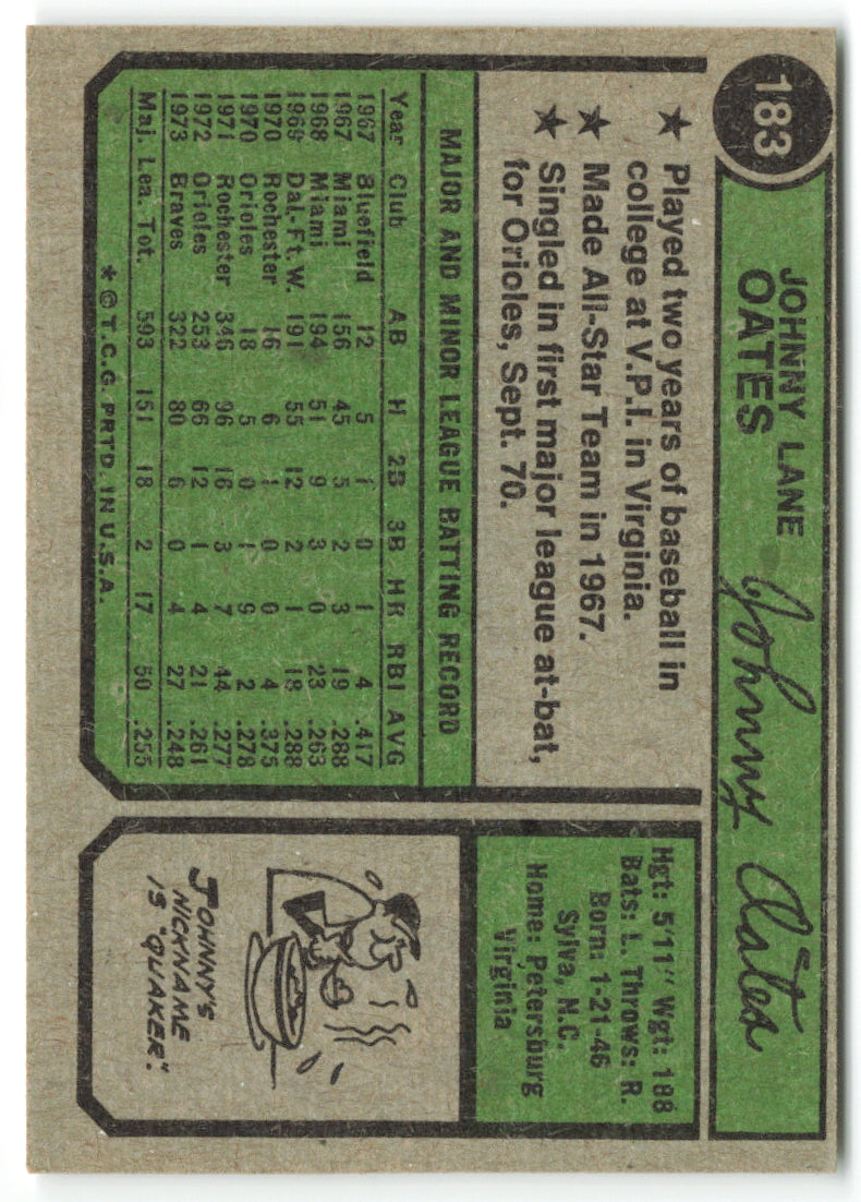 1974 Topps #183 Johnny Oates