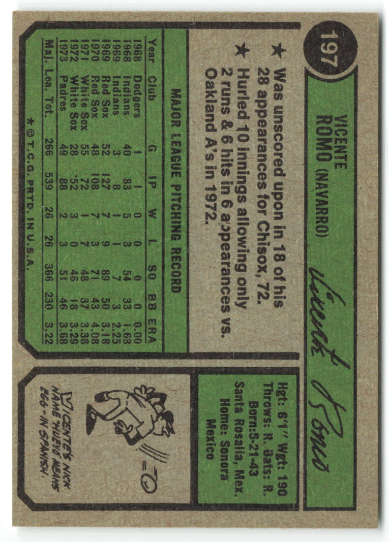 1974 Topps #197a Vicente Romo VAR: San Diego