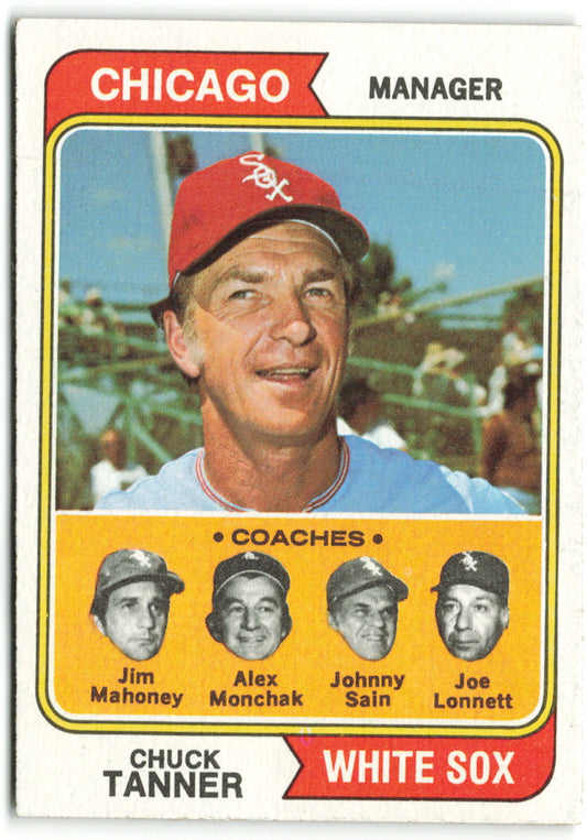 1974 Topps #221 White Sox Field Leaders (Chuck Tanner / Joe Lonnett / Jim Mahoney / Alex Monchak / Johnny Sain) Coaches