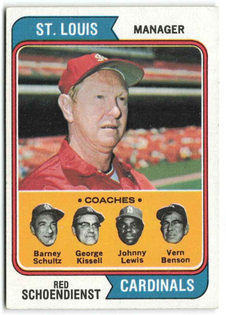 1974 Topps #236 Cardinals Field Leaders (Red Schoendienst / Barney Schultz / George Kissell / Johnny Lewis / Vern Benson) Coaches