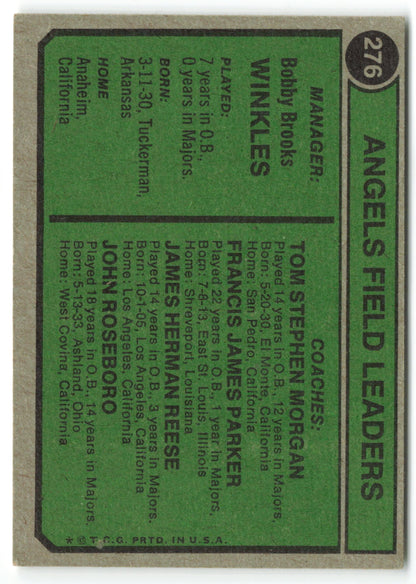 1974 Topps #276 Angels Field Leaders (Bobby Winkles / John Roseboro / Salty Parker / Tom Morgan / Jimmie Reese) Coaches