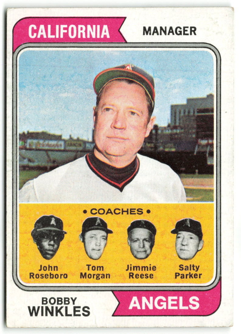 1974 Topps #276 Angels Field Leaders (Bobby Winkles / John Roseboro / Salty Parker / Tom Morgan / Jimmie Reese) Coaches