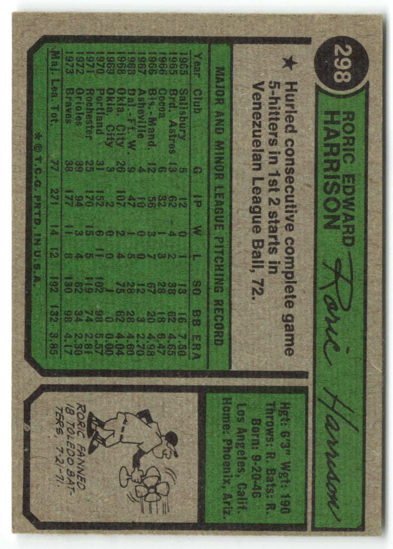 1974 Topps #298 Roric Harrison