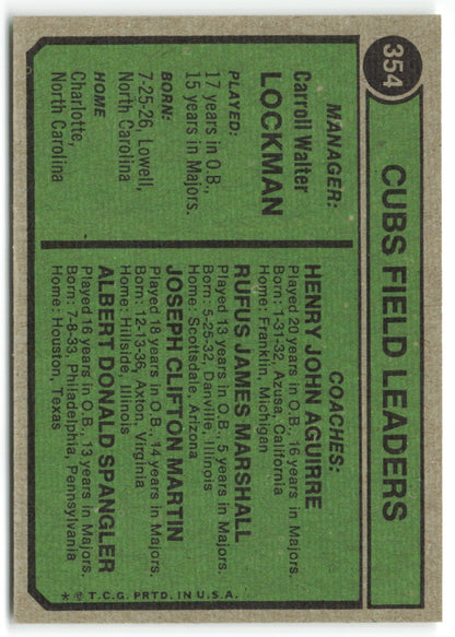 1974 Topps #354 Cubs Field Leaders (Whitey Lockman / J.C. Martin / Hank Aguirre / Al Spangler / Jim Marshall) Coaches