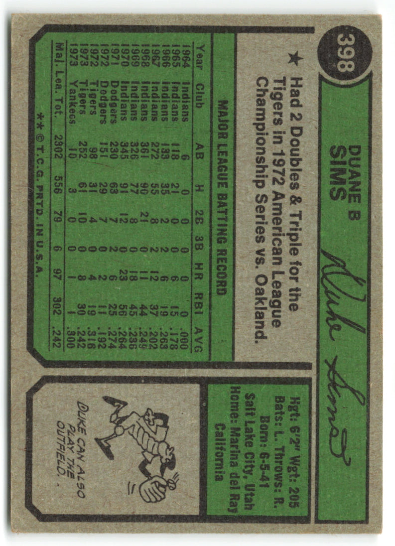 1974 Topps #398 Duke Sims