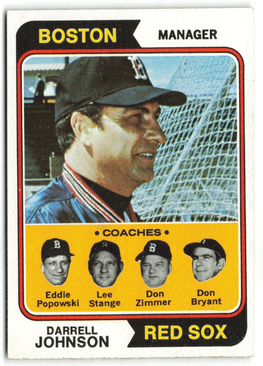 1974 Topps #403 Red Sox Field Leaders (Darrell Johnson / Eddie Popowski / Lee Stange / Don Zimmer / Don Bryant) Coaches