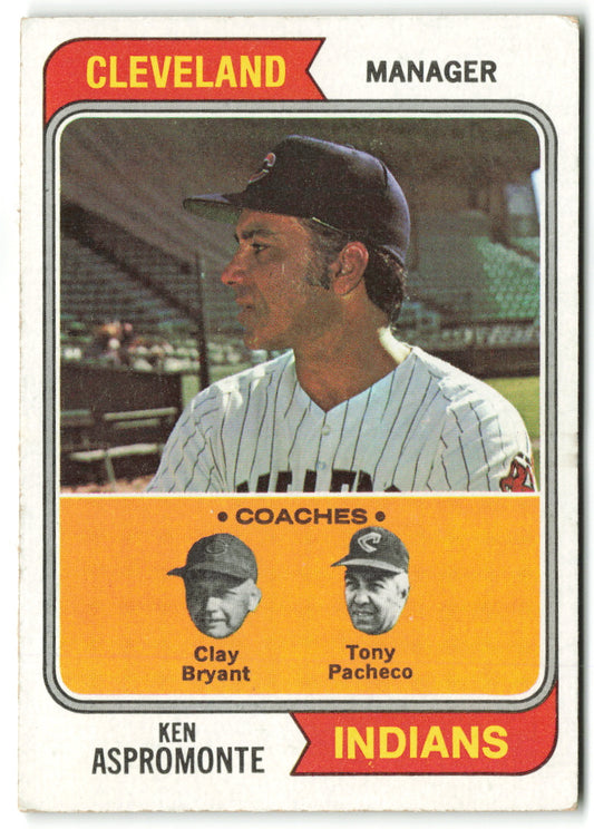 1974 Topps #521 Indians Field Leaders (Ken Aspromonte / Clay Bryant / Tony Pacheco) Coaches