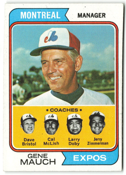 1974 Topps #531 Expos Field Leaders (Gene Mauch / Larry Doby / Jerry Zimmerman / Dave Bristol / Cal McLish) Coaches