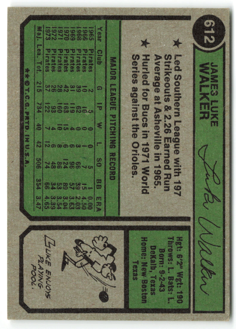 1974 Topps #612 Luke Walker