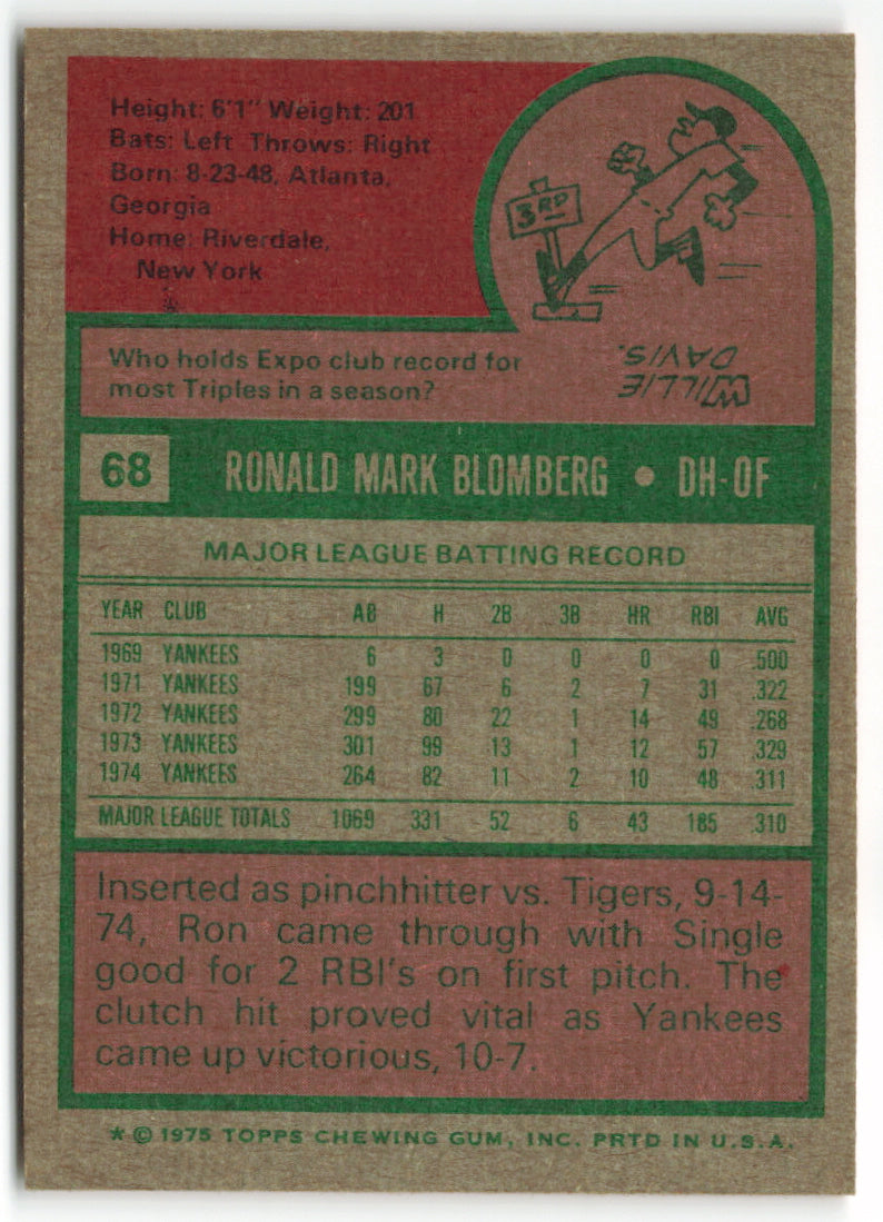 1975 Topps #068 Ron Blomberg