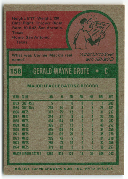 1975 Topps #158 Jerry Grote