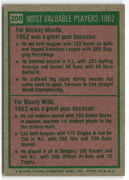 1975 Topps #200 1962 MVP's Mickey Mantle/ Maury Wills