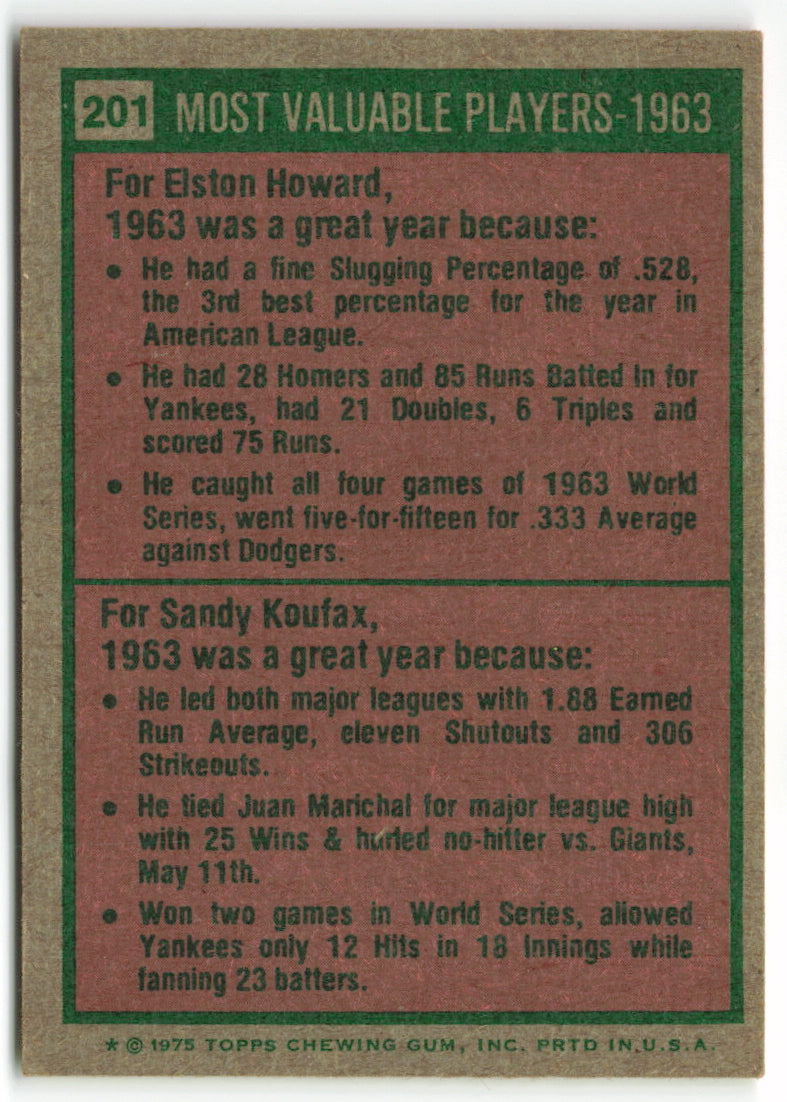 1975 Topps #201 1963 MVP's Elston Howard/ Sandy Koufax