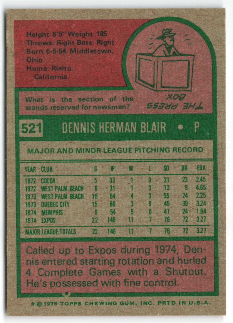 1975 Topps #521 Dennis Blair