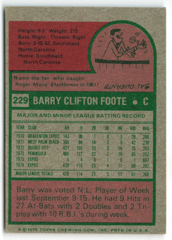 1975 Topps Mini #229 Barry Foote