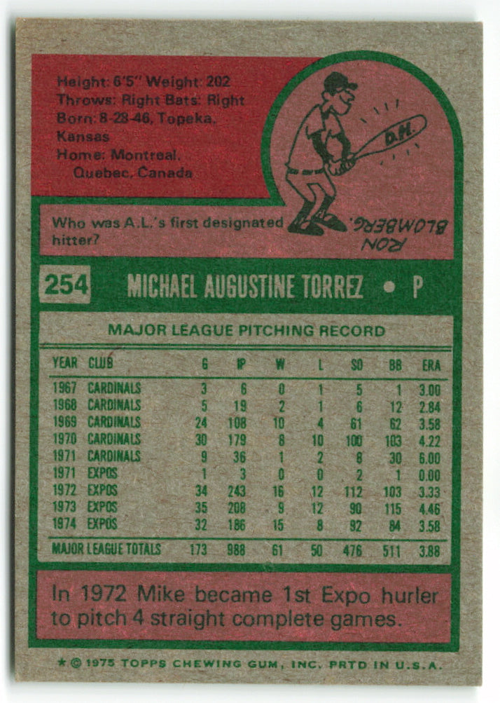 1975 Topps Mini #254 Mike Torrez