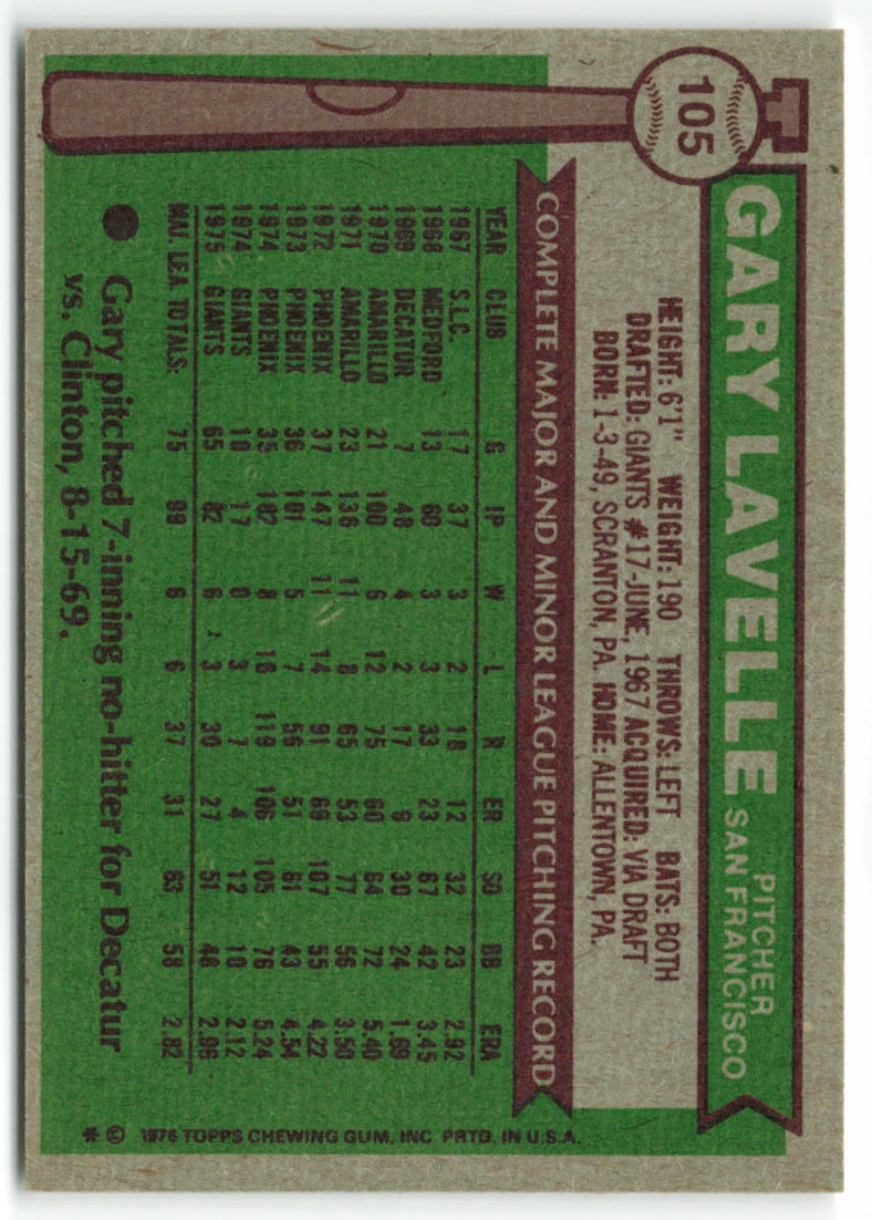 1976 Topps #105 Gary Lavelle