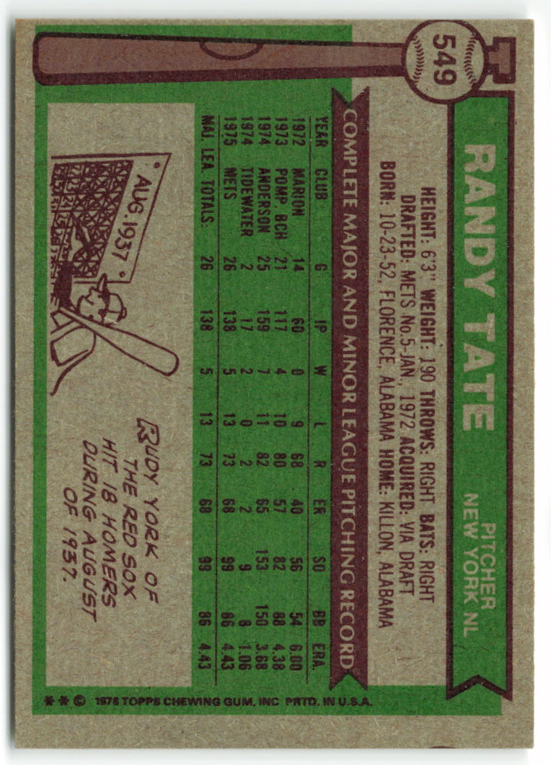 1976 Topps #549 Randy Tate RC