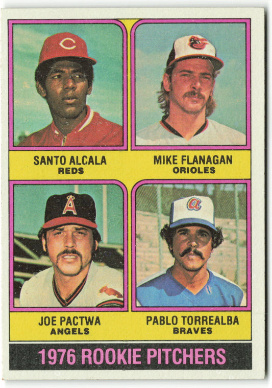 1976 Topps #589 1976 Rookie Pitchers (Santo Alcala / Mike Flanagan / Joe Pactwa / Pablo Torrealba) RC