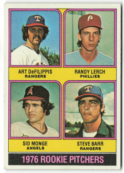 1976 Topps #595 1976 Rookie Pitchers (Art DeFilippis / Randy Lerch / Sid Monge / Steve Barr) RC