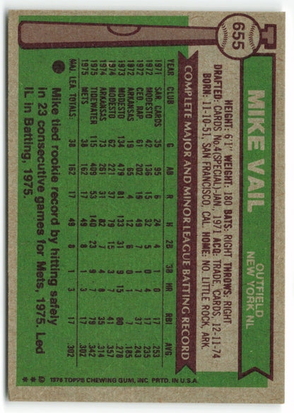 1976 Topps #655 Mike Vail RC