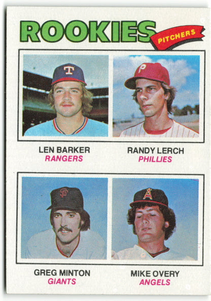 1977 Topps #489 1977 Rookie Pitchers (Len Barker / Randy Lerch / Greg Minton / Mike Overy) RC