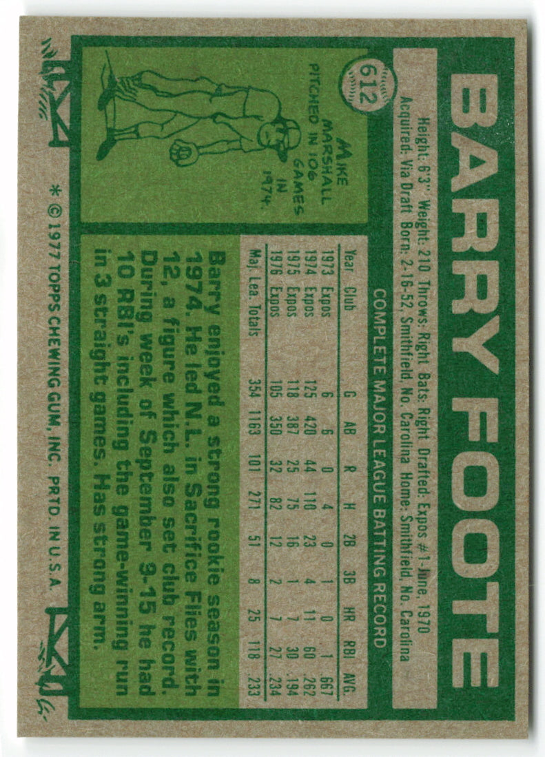 1977 Topps #612 Barry Foote