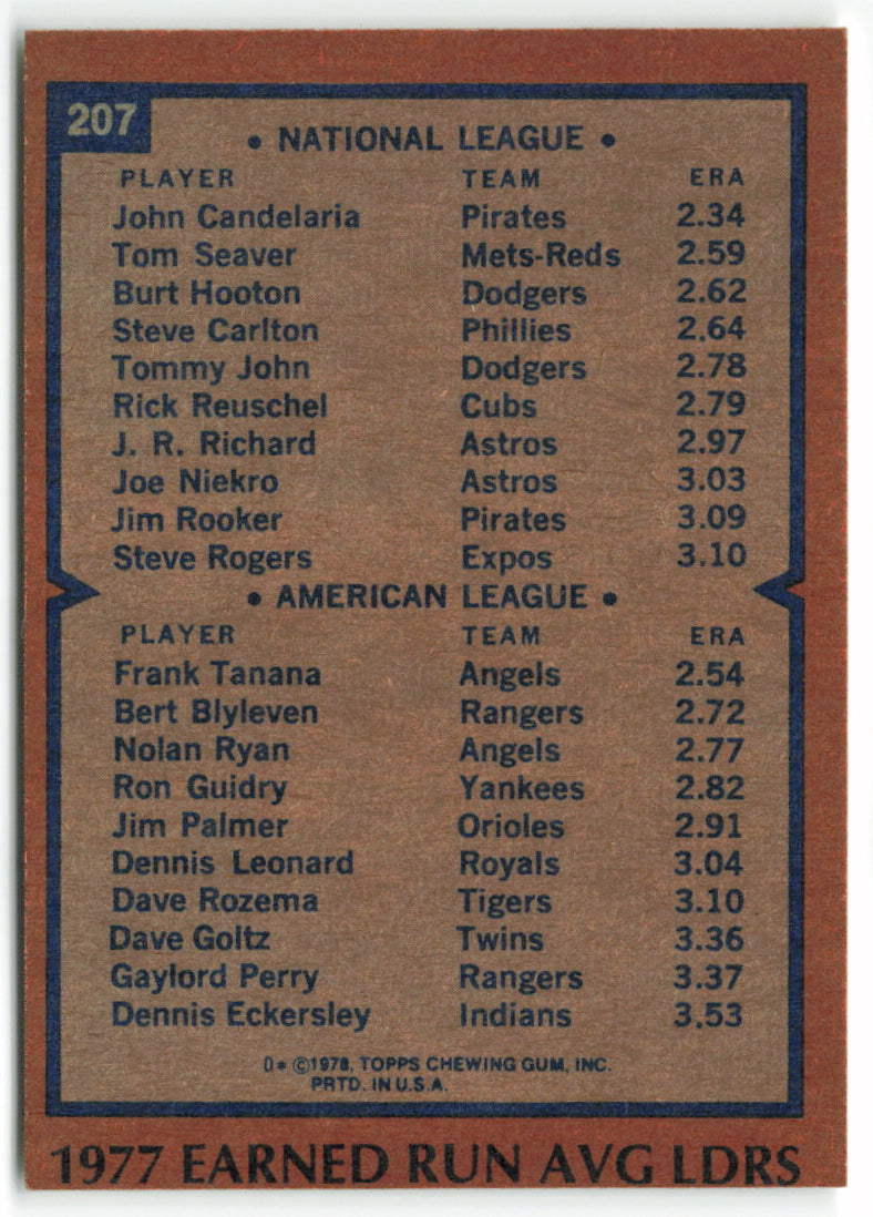 1978 Topps #207 ERA Leaders John Candlaria Frank Tanana