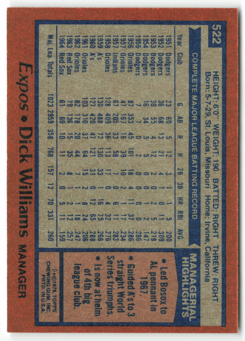 1978 Topps #522 Dick Williams MGR