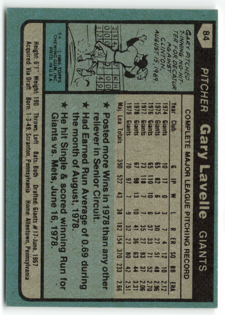 1980 Topps #084 Gary Lavelle