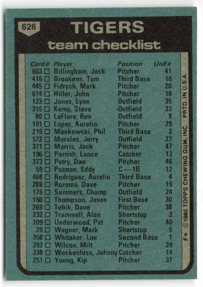 1980 Topps #626 Detroit Tigers / Sparky Anderson Team Card