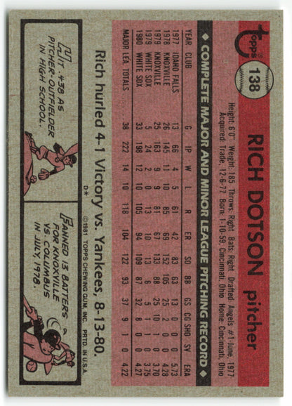 1981 Topps #138 Rich Dotson RC