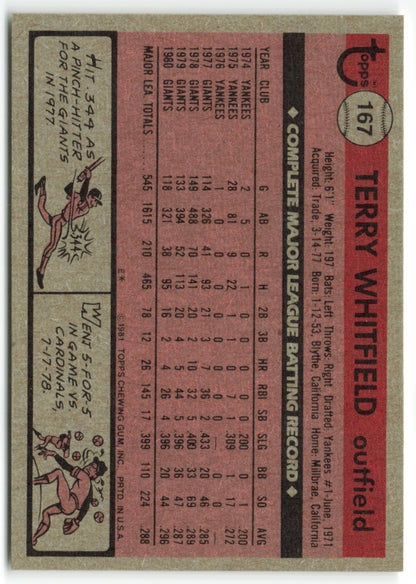 1981 Topps #167 Terry Whitfield