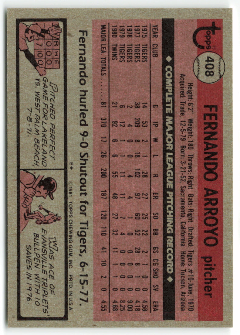 1981 Topps #408 Fernando Arroyo